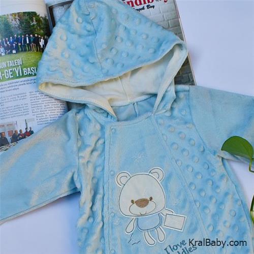 سرهم مخمل نوزادی پسرانه  کلاه دار طرح خرس