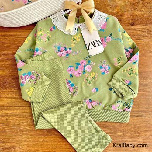 ست دخترانه یقه خامه دوزی برند zara